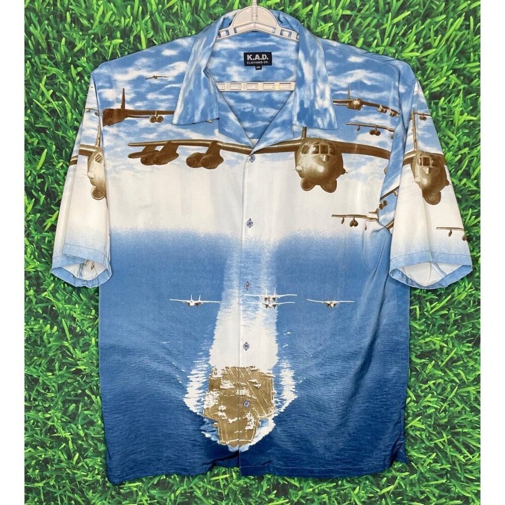 VTG Aircraft Carrier Planes Navy Air Force AOP XXL Graphic Button Front Shirt